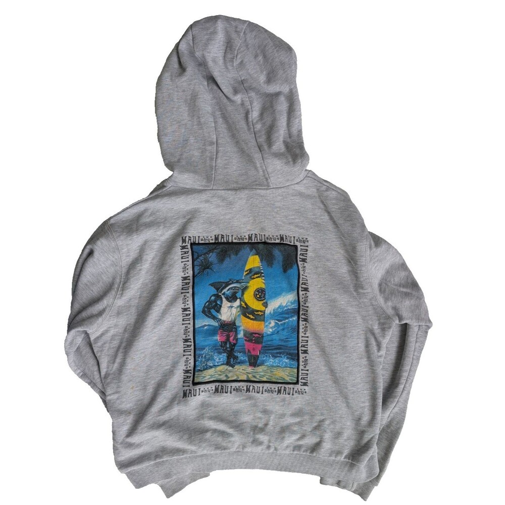Maui and Sons Original Surf Company Full Zip Up Hoodie Gray M Shark Graphic